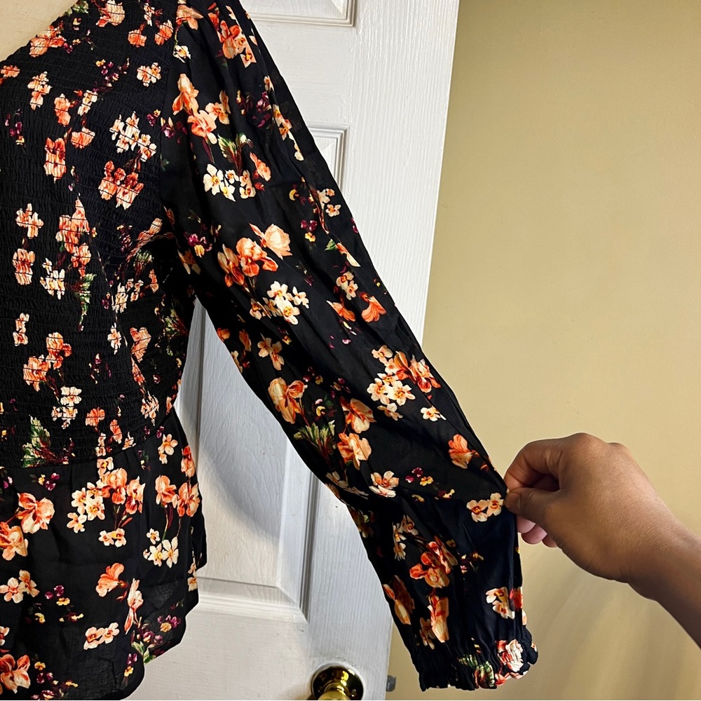 New Old Navy Floral Cotton Knit Puff Sleeve Smocked‎ Peplum Ruffle Boho Top XL - Picture 5 of 13